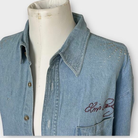 VTG Elvis Presley Graceland Exclusive Rhinestone Denim Shirt Womens XL Grunge - Picture 2 of 9